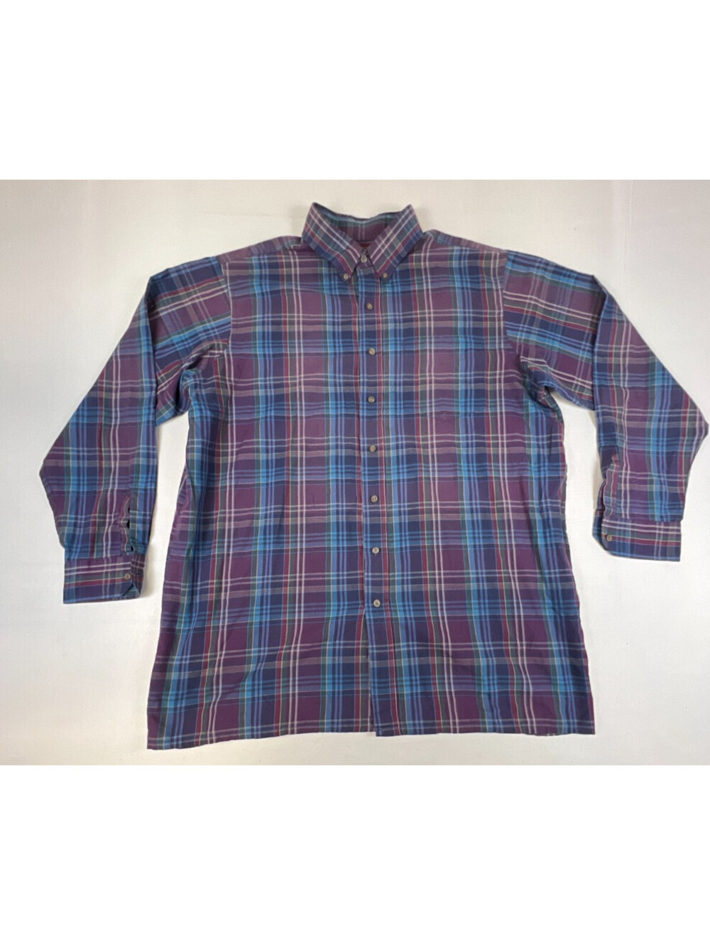 Vintage Arrow Sport Men XL Tall Blue Purple Plaid Long Sleeve Casual Shirt